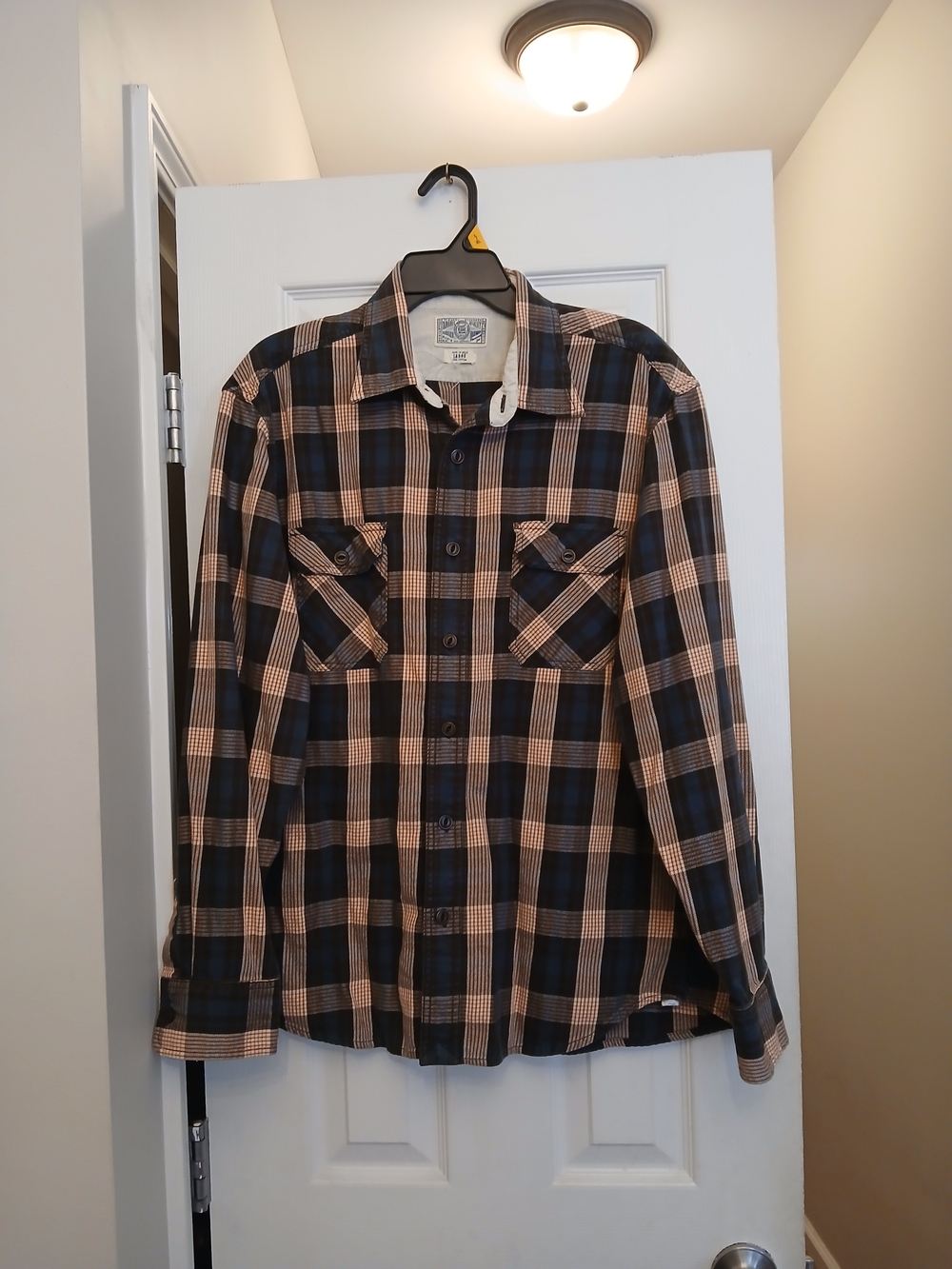 Lucky Brand Dungarees Men's L Blue Brown Plaid Flannel Button-Up Shirt LS
